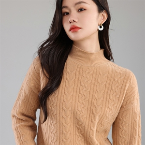 女士秋季新款简约百搭半高领重工绞花羊毛衫图片