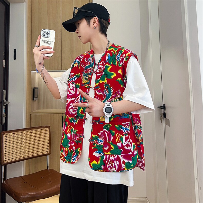 M2单层盘口东北大花马甲大码男女团队服个性婚礼喜庆风汉服潮，男装民族服装，星座115A(原星座507）