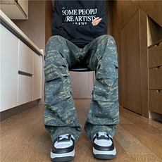 褶皱迷彩拉链微喇牛仔裤做旧水洗美式cleanfit机能工装裤005P55，男装牛仔裤，电商D256