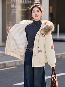 美式复古刺绣连帽派克羽绒服女2025冬季新款酷飒工装风厚外图片