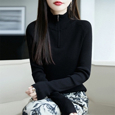 2025年秋季新款半拉链针织上衣时尚休闲通勤百搭，女装针织衫/毛衣，朝思羊绒
