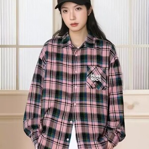 美式复古大码胖mm百搭显瘦高级感宽松格子衬衫女刺绣外套衬衣潮搭图片