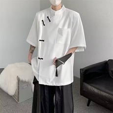 新中式短袖T恤男士衬衫复古风山小众潮立领垫肩衬衣C3023，男装T恤，星座1116A-1（原606A）