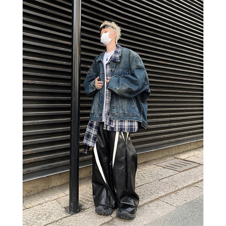 设计感假两件拼接格子衬衫做旧夹克宽松水洗牛仔外套JK08624-P85,男装工装外套,星座308B-1