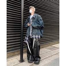 设计感假两件拼接格子衬衫做旧夹克宽松水洗牛仔外套JK08624-P85，男装工装外套，星座308B-1