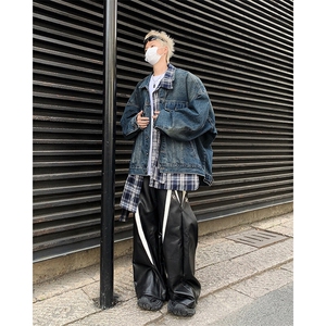 设计感假两件拼接格子衬衫做旧夹克宽松水洗牛仔外套JK08624-P85图片