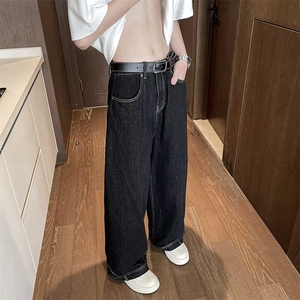 反穿设计感裤子男夏季新款美式hiphop水洗牛仔裤潮牌宽松微喇长裤图片