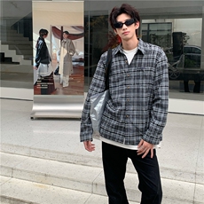 复古磨毛格子长袖衬衫男宽松美式格纹痞帅休闲衬衣外套潮流，男装衬衫，星座410-7
