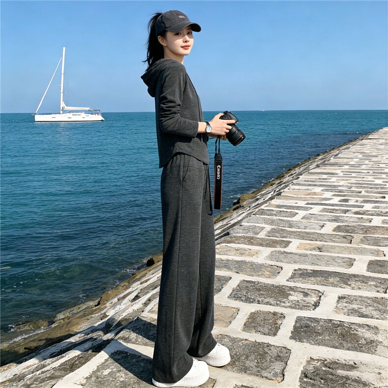 欧货休闲运动套装女春新款洋气显瘦连帽开衫卫衣高腰阔腿裤两件套,女装套装/套裙,江南