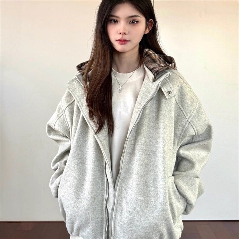 W9156-P93网图现货新款假两件格子连帽棉服复古夹克上衣外套,男装夹克,星座1608-2
