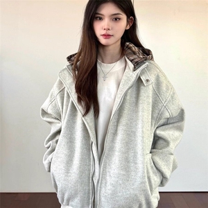 W9156-P93网图现货新款假两件格子连帽棉服复古夹克上衣外套