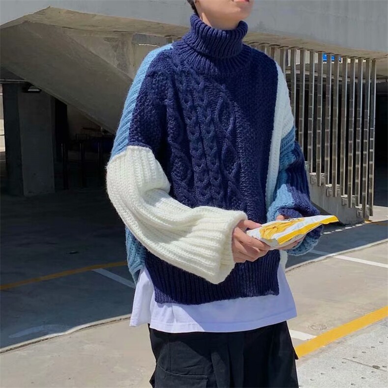 秋季日系潮牌高领针织衫毛衣男宽松撞色设计感休闲上衣  M166-P48图片