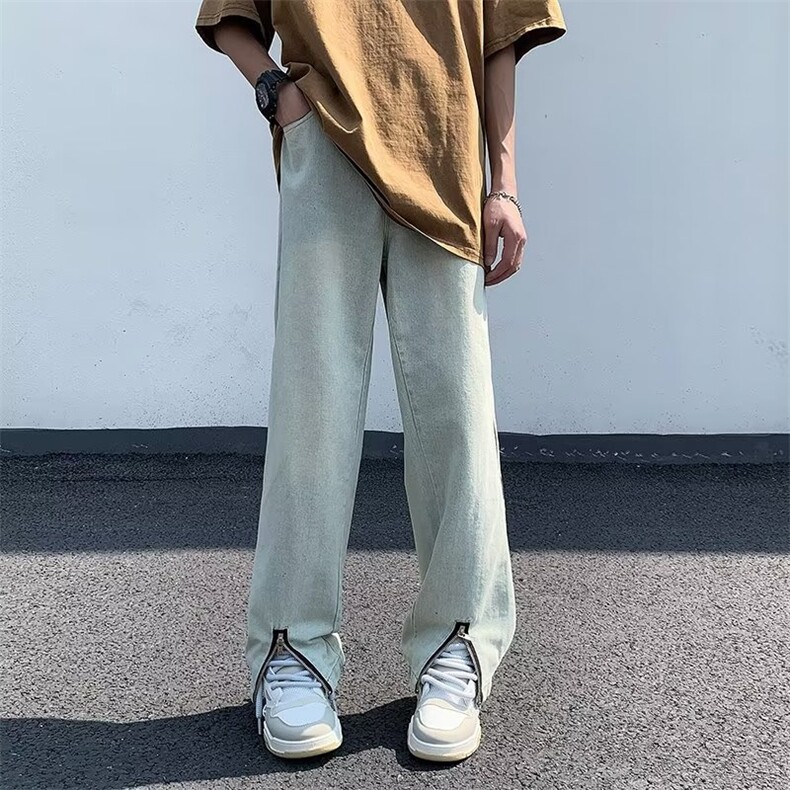 拉链水洗牛仔裤男小众设计感高街美式裤子港风直筒裤拖地长裤,男装牛仔裤,星座716-2