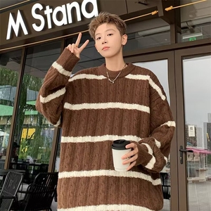 慵懒风条纹毛衣男女秋冬宽松加厚刷毛糯毛绒针织衫外套 M6530图片