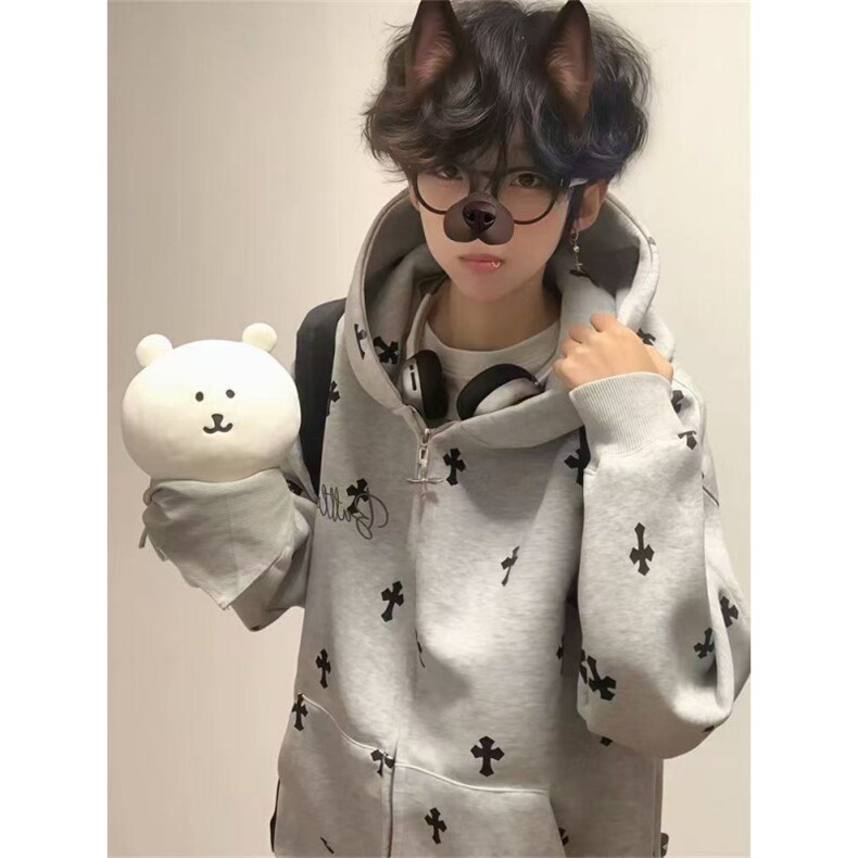 美式复古满印连帽卫衣男秋冬季宽松韩系小众潮牌外套W8071加绒P66，女装短外套，四季星座505