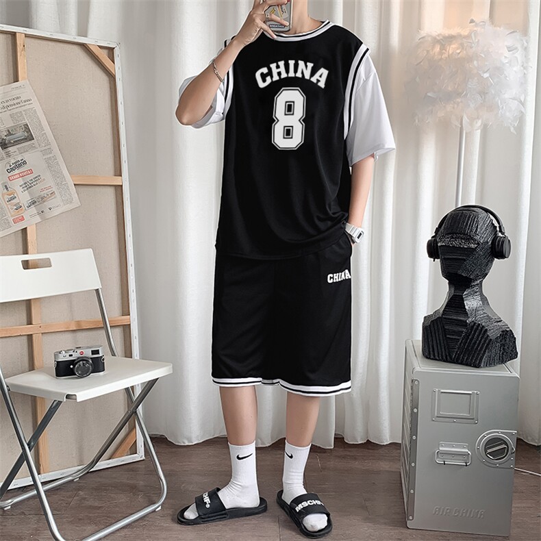 篮球服套装男港风潮流字母印花2023夏季新款T恤短袖短裤W2451-P35,男装休闲套装,星座412-2