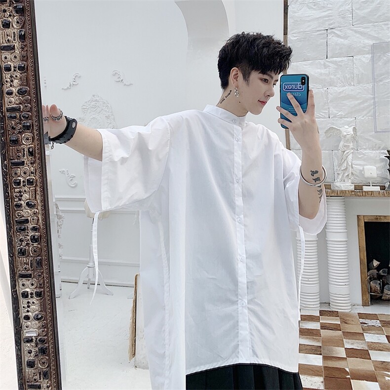 夏季新品宽松抽褶衬衣立领短袖男女可穿A，男装衬衫，电商A345