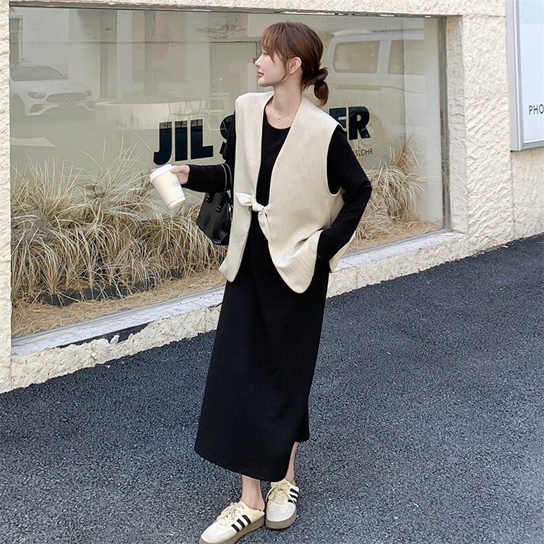 老钱风马甲套装裙女2025秋季新款慵懒感显瘦气质黑色连衣裙两件套,女装套装/套裙,2C255