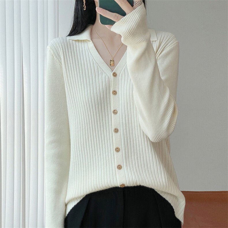 秋冬新款纯色翻领抽条开衫时尚百搭，女装针织衫/毛衣，源达羊绒