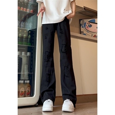 超火破洞牛仔裤男夏季薄款欧美高街vibe裤子设计感微喇直筒裤子，男装牛仔裤，星座302B