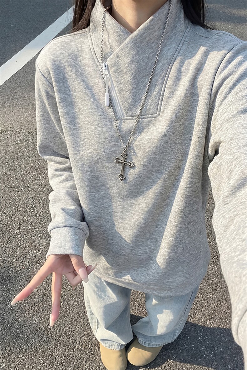 加厚加绒立领斜半拉链卫衣冬季复古打底衫男女D54167-TP35不,男装T恤,电商A102