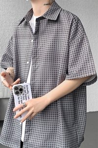 8XL-M短袖衬衫男夏宽松慵懒风痞帅条纹格子衫半袖外套DC28005P40图片