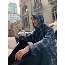 美式复古连帽蓝色格子衬衫男春夏2025薄款长袖设计感痞帅衬衣外套，男装衬衫，星座506A