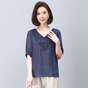苎麻衬衫女短袖2023新款夏季v领刺绣衬衣小个子妈妈小衫显瘦上衣图片
