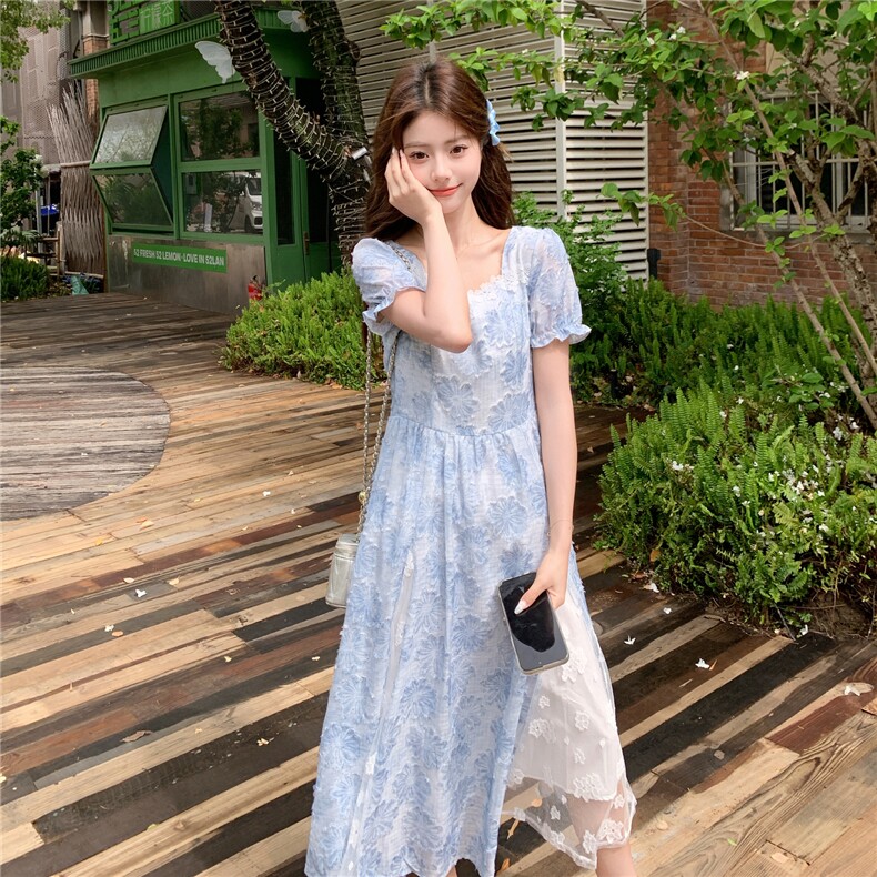 法式蓝色花朵短袖连衣裙女夏季新款方领收腰长裙甜美建立气质裙子,女装连衣裙,艾米莉亚