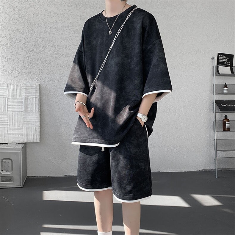 TZ775-特P50控88新款撞色拼接假2件套装短袖短裤T恤大码百搭,男装休闲套装,电商A059
