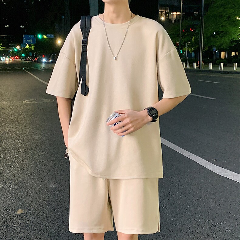 2025夏季短袖套装男士潮流宽松圆领t恤鹿皮绒两件套t2657p45,男装T恤,星座1113