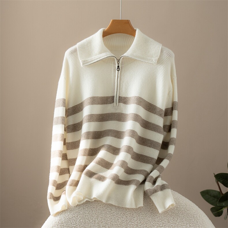 2025年秋季常规款套头女士条纹半拉链套衫时尚百搭通勤简约，商品下架区商品下架区，江帆羊绒