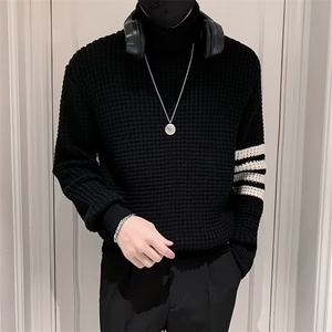 冬季男针织衫打底衫高领四条杠条纹修身套头百搭潮牌毛衣 MY558图片