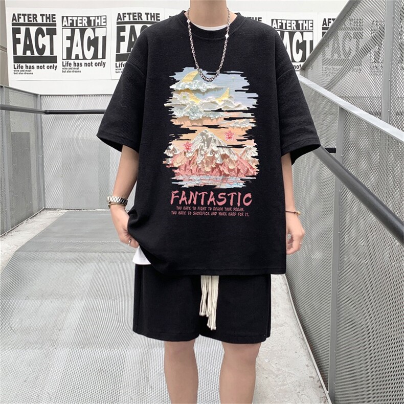 电商DSA028-TZDTHP846P45夏季华夫格套装男T恤短裤两件套港风,男装牛仔裤,电商A028