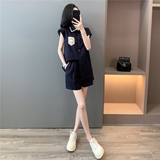 欧货时尚气质减龄套装女夏款遮肉显瘦刺绣无袖衬衫阔腿短裤两件套，女装套装/套裙，2C310