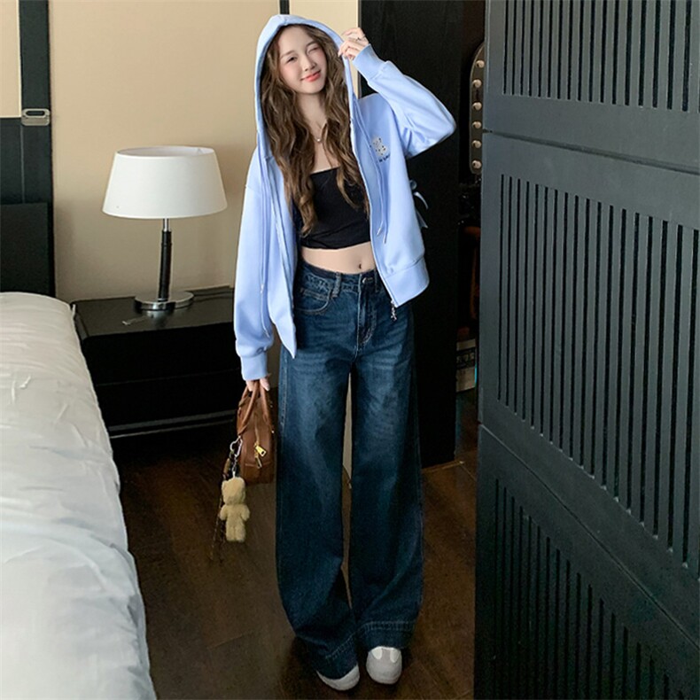 女连帽拉链卫衣阔腿牛仔裤设计感两件套，女装套装/套裙，江南