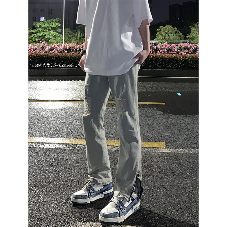 B221美式ins高街暗黑拉链小脚弹力破洞牛仔裤LK23060-P65控88,男装牛仔裤,电商B221