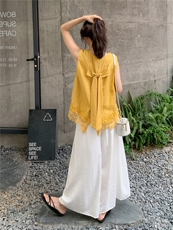 韩系蕾丝拼接背心套装女2025夏季新款时尚休闲阔腿裤百搭两件套，女装套装/套裙，蝶眷