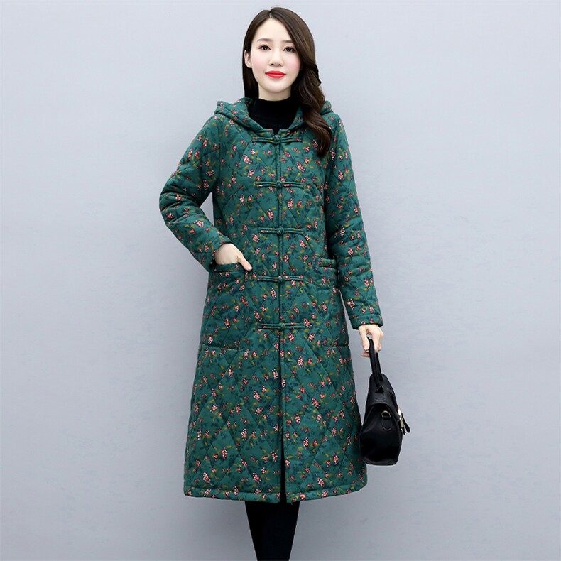 2023冬季新款时尚优雅加绒加厚保暖舒适中长款印花连帽棉衣,女装棉衣/棉服,倪叶myz