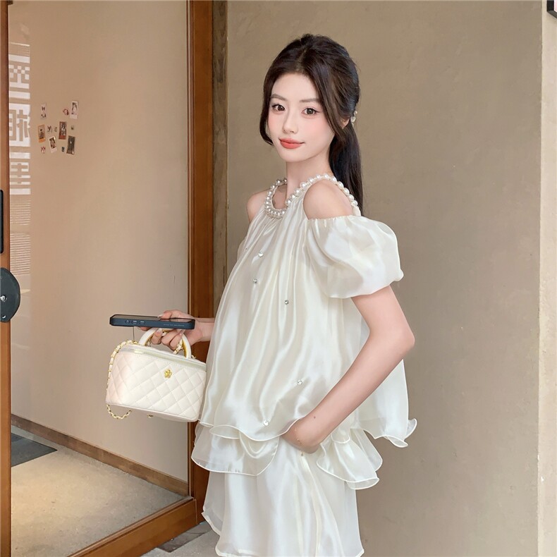 新款2239-P185-K275富家千金露肩泡泡珍珠挂脖镶钻套装，女装套装/套裙，网红馆