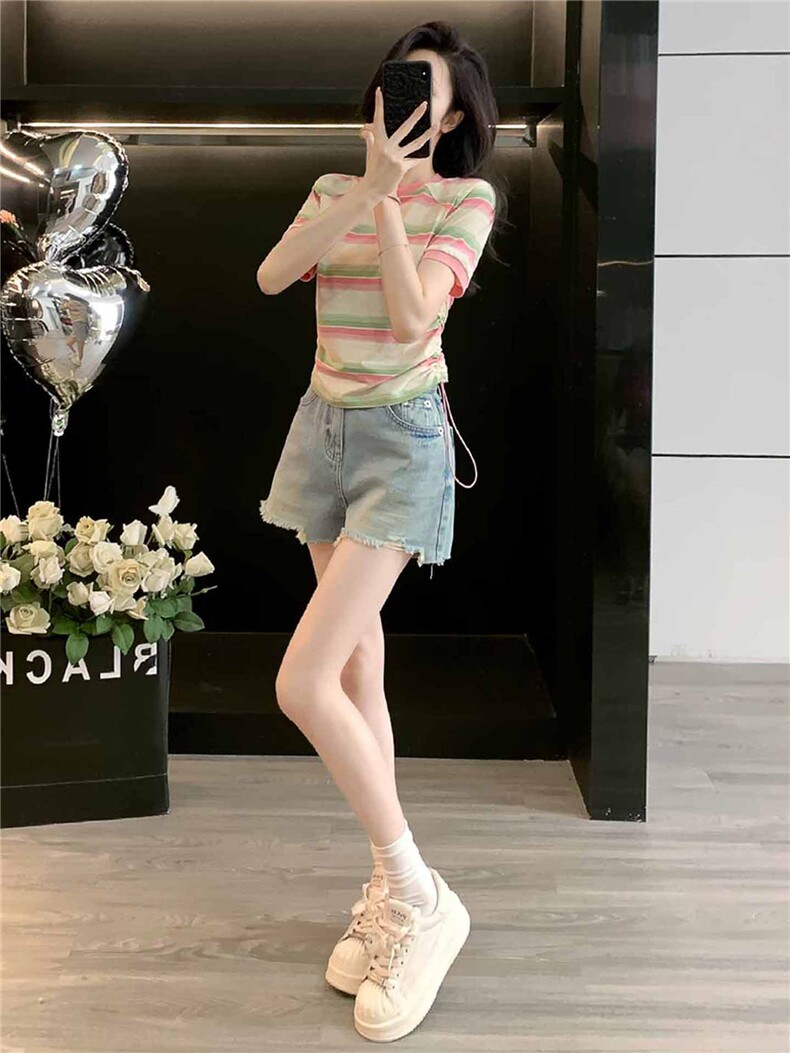 女夏季新款韩版运动休闲套装修身显瘦圆领条纹短袖牛仔短裤两件套,女装套装/套裙,江南
