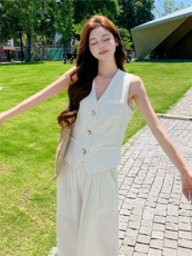 时尚洋所马甲套装女夏季新款职场风V领西装马夹外套阔腿裤两件套，女装套装/套裙，水衣源