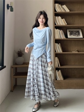 2026春季新款温柔风荡领长袖T恤+格纹半身裙两件套韩系显瘦套装，女装套装/套裙，艾米莉亚