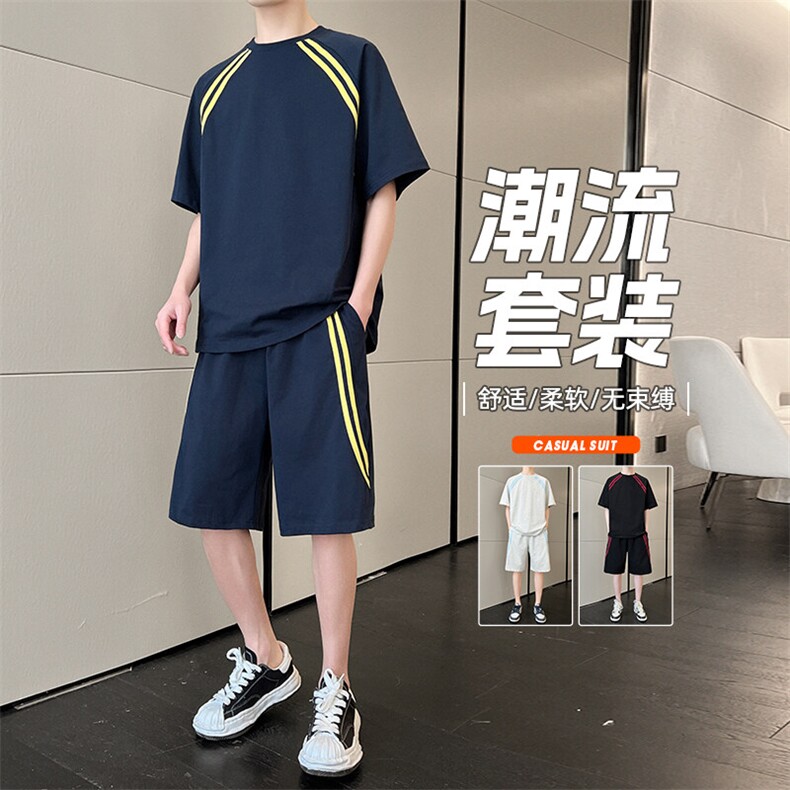 休闲运动套装男士夏季薄款拼色短袖t恤短裤酷帅两件套搭配男装潮图片