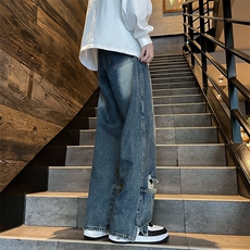 美式复古直筒破洞牛仔裤男女春秋设计感宽松阔腿长裤子N800-P48，男装牛仔裤，星座308B-1