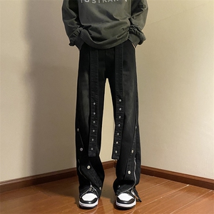 秋款男牛仔裤侧边开叉拉链长腰带渐变色直筒宽松长裤NK4004 P55图片
