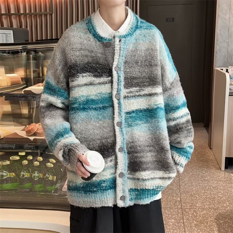 复古小香风扎染渐变条纹针织毛衣开衫慵懒风宽松外套男 MM8810图片