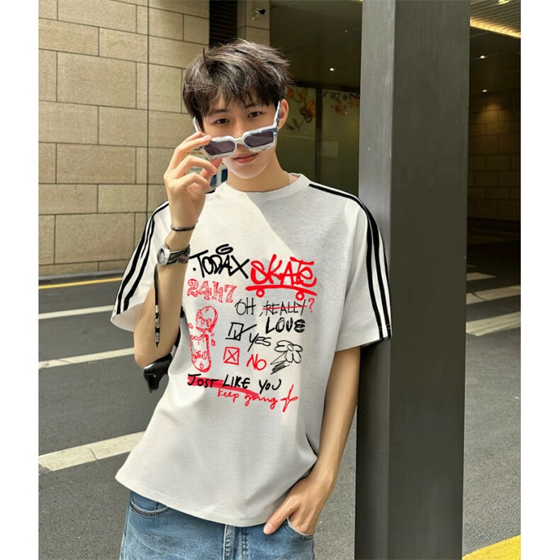抖音得物高品质二开240克宽松纯棉美式潮牌三条杠织带短袖T恤图片