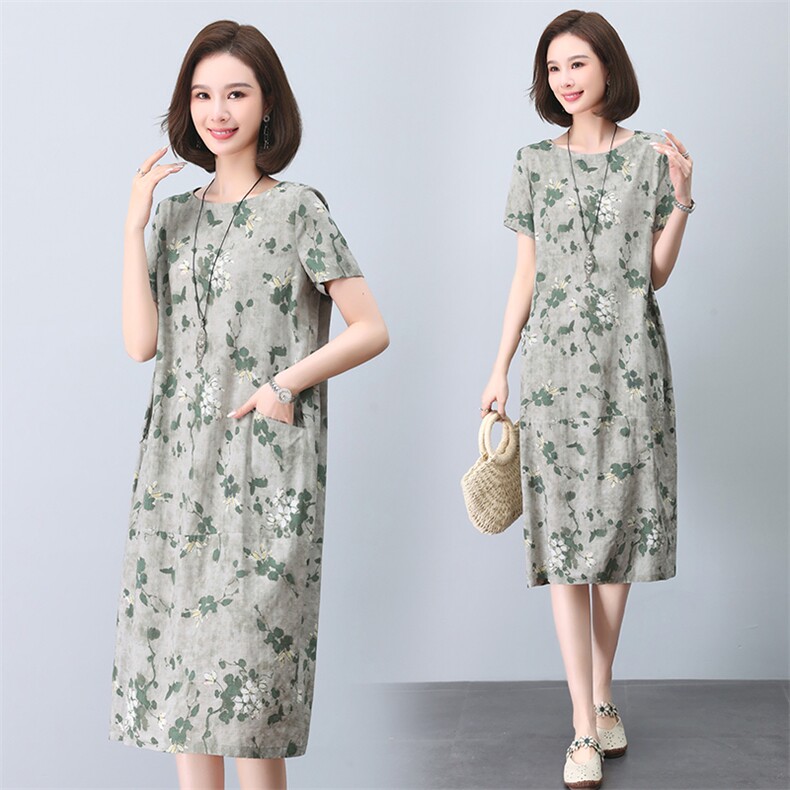 印花连衣裙女短袖2025年夏季新款韩版宽松显瘦中长裙休闲减龄裙子，女装连衣裙，依恋蒂丝