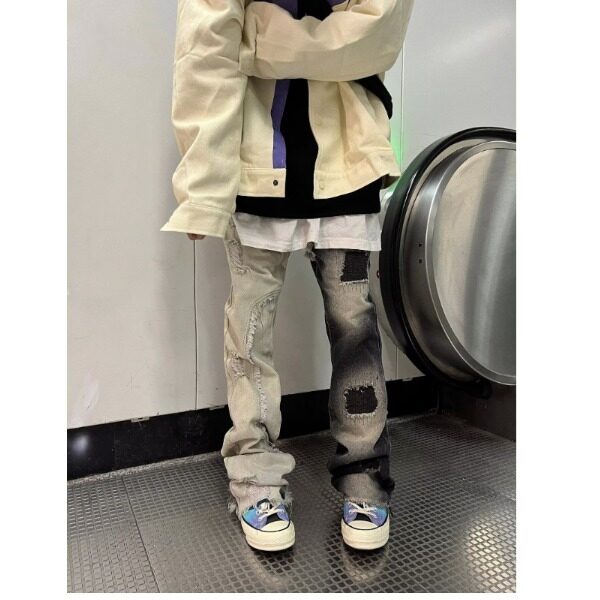 美式街头破洞毛边拼接牛仔裤男女春秋季宽松休闲撞色百搭微喇叭裤图片